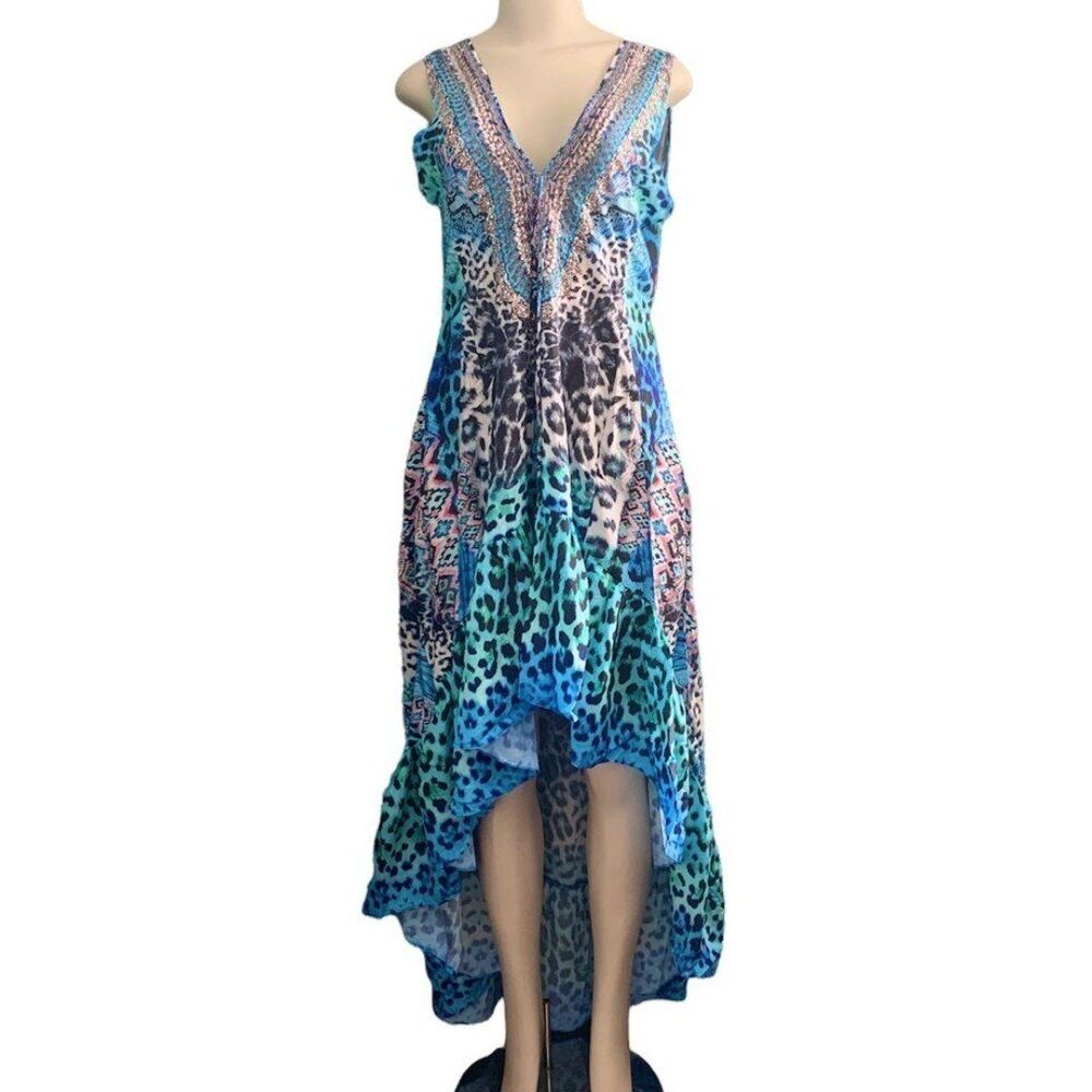 True Colours by La Moda Blue Leopard Print Hi-Low Frill Maxi Dress Coverup Large